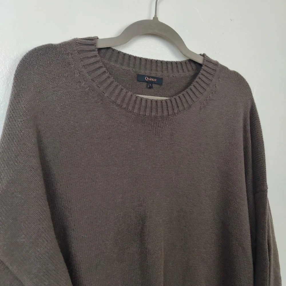 Quince Organic Cotton Boyfriend Crew Sweater Womens Large Brown Ribbed Oversized_4